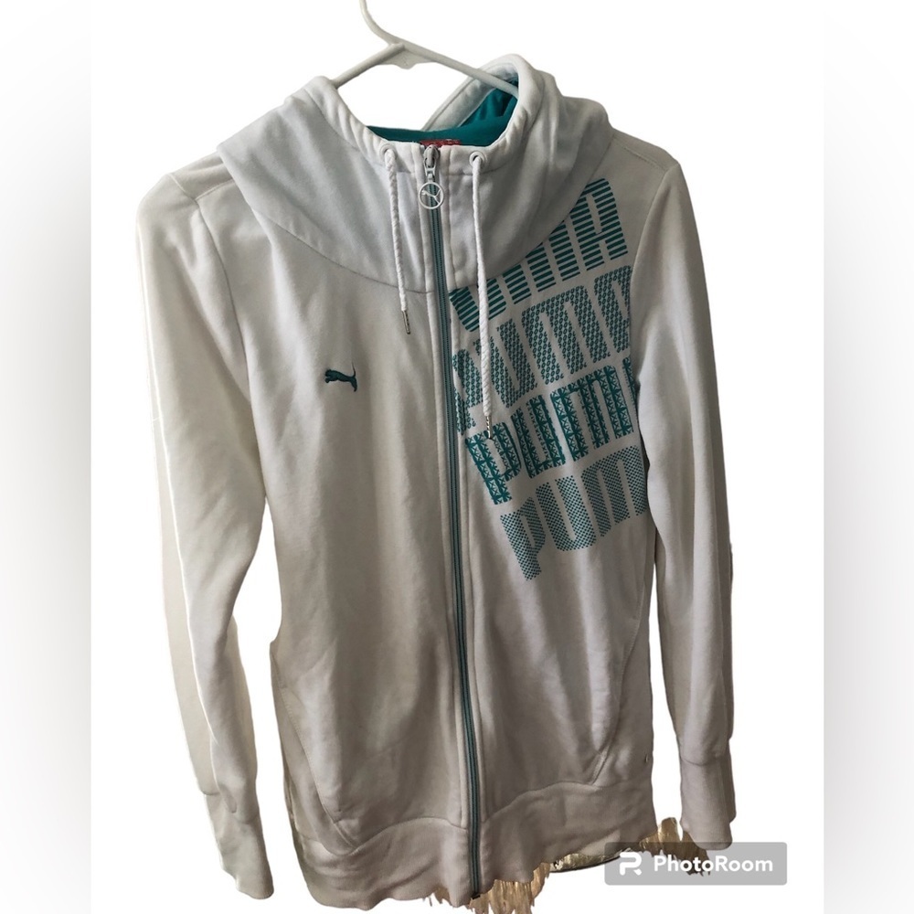 PUMA Full Zip Hooded Size M white and turquoise Track Jacket